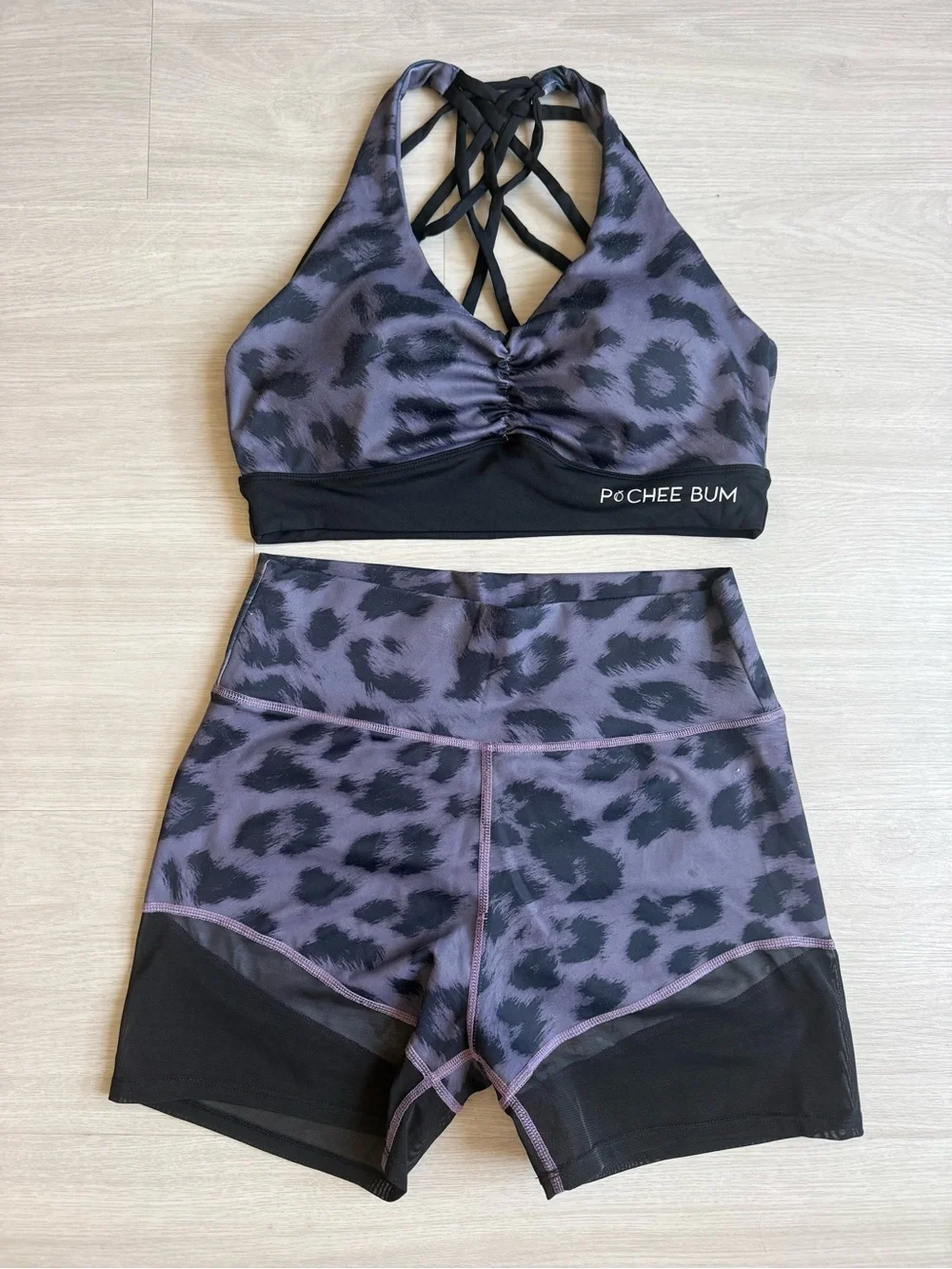 Pcheebum Purple Leopard Women's Sports Bra Top & Short Set - workout